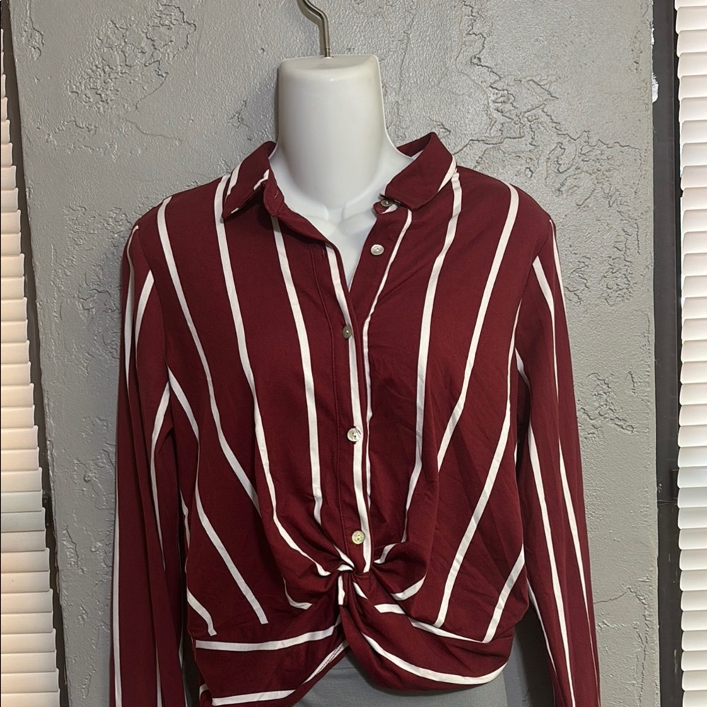Sweet Rain Burgundy and White Striped Button-Down Shirt. ( 3 for $15)